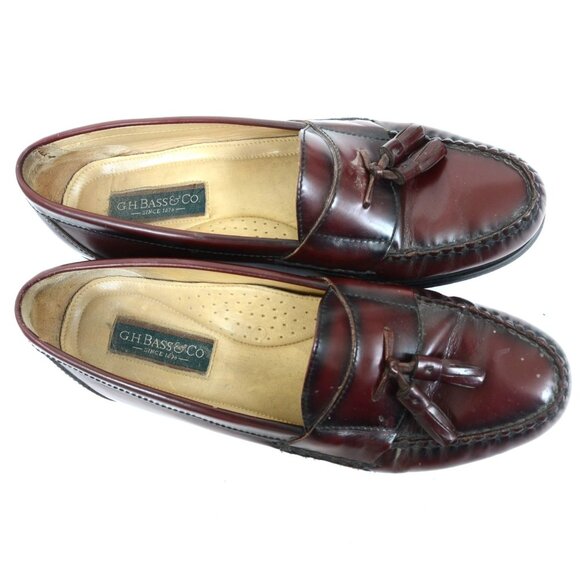 G. H. Bass & Co Harris Burgundy Leather Tassel Loafers Men's 9.5D Made in Brazil - Picture 2 of 9